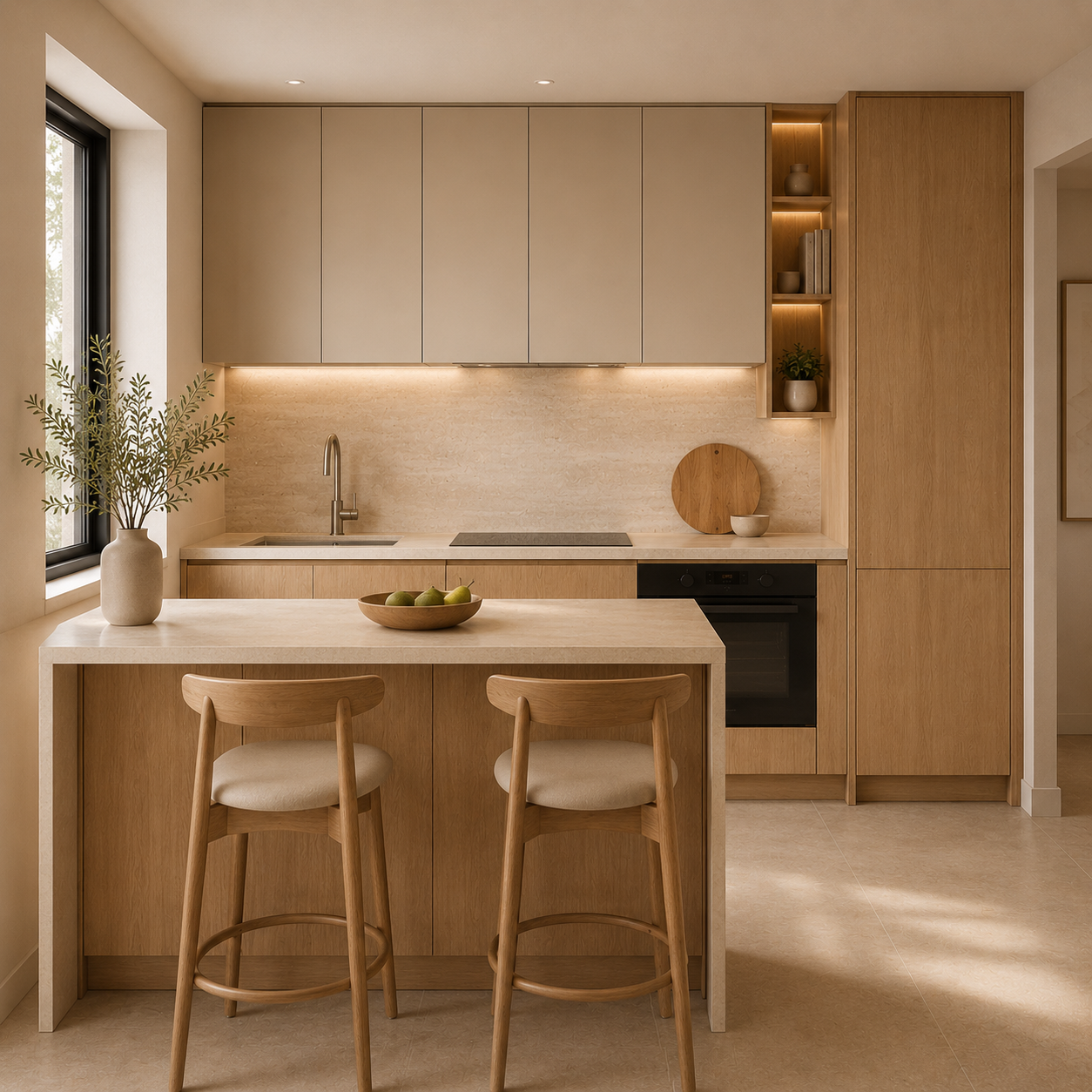 Warm wood kitchen and island